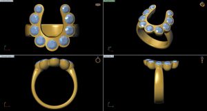 CAD design of Horse Shoe Ring with Gold and Diamonds